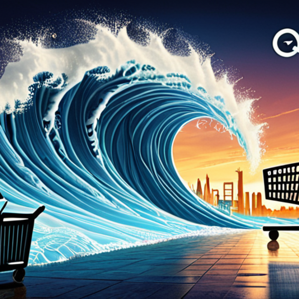 **Prompt:** A dynamic scene depicting the rapid evolution of e-commerce. A determined figure is skillfully surfing a massive wave made of swirling digital data, code, and e-commerce icons (like shopping carts, social media logos). In the background, a futuristic, constantly shifting digital city skyline represents the fast-paced market. The overall mood is high-tech, vibrant, and highlights continuous innovation and adaptation.
