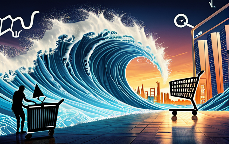 **Prompt:** A dynamic scene depicting the rapid evolution of e-commerce. A determined figure is skillfully surfing a massive wave made of swirling digital data, code, and e-commerce icons (like shopping carts, social media logos). In the background, a futuristic, constantly shifting digital city skyline represents the fast-paced market. The overall mood is high-tech, vibrant, and highlights continuous innovation and adaptation.