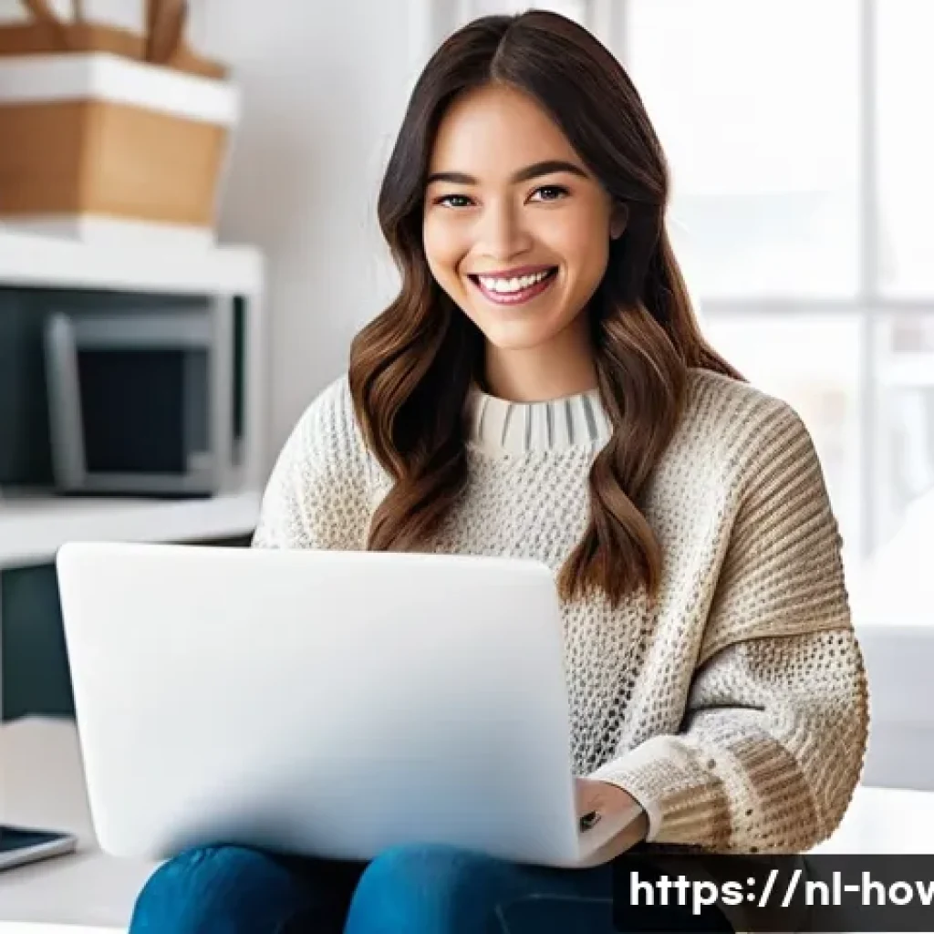 온라인 쇼핑 활용법 - **Prompt:** A young woman, appearing to be in her late 20s, is comfortably seated at a modern desk i...
