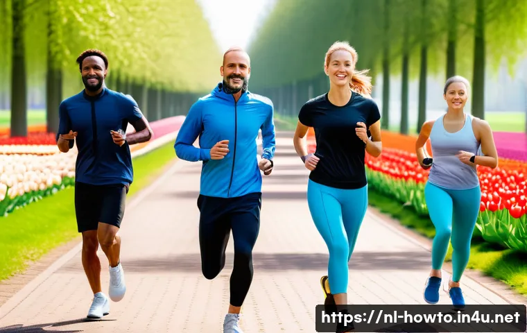 디지털 운동 보조 기기 활용법 - A diverse group of Dutch adults jogging in a scenic park near Amsterdam, wearing sporty, modest work...