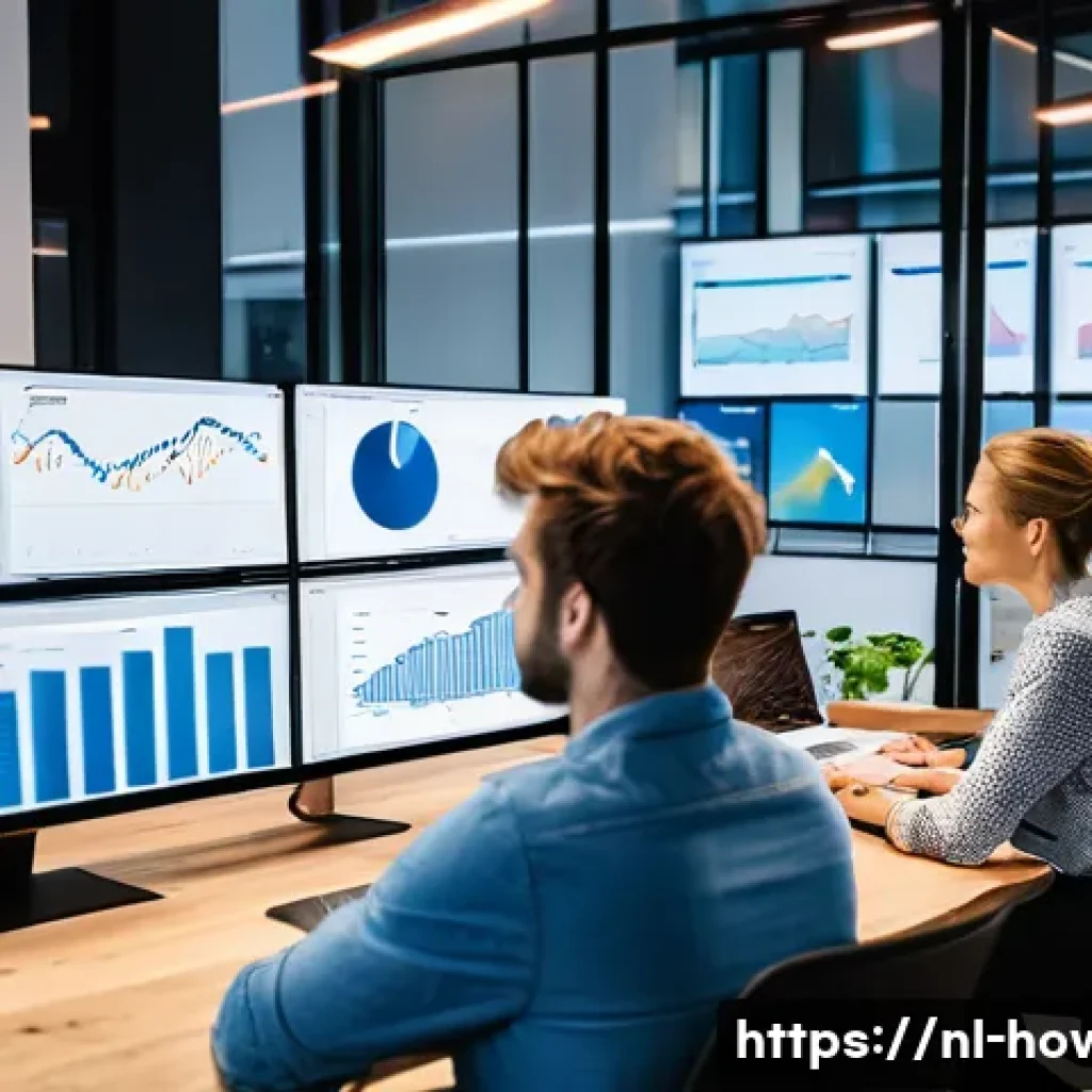 SEMrush 활용법 - A modern Dutch office workspace with a diverse team of professionals analyzing keyword research data...
