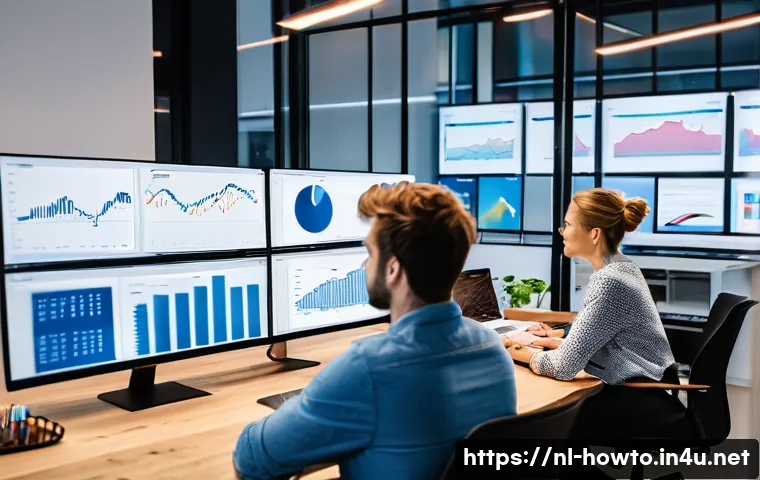 SEMrush 활용법 - A modern Dutch office workspace with a diverse team of professionals analyzing keyword research data...