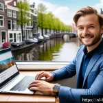 Home 22 트위터 효과적인 활용법 - A professional Twitter profile setup scene featuring a Dutch entrepreneur in a modern Amsterdam offi...