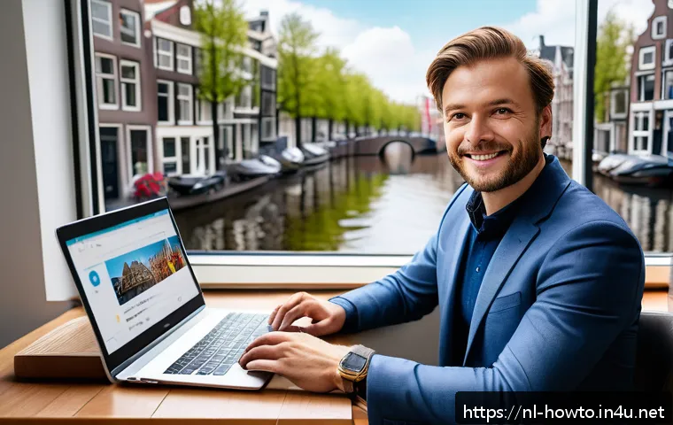 트위터 효과적인 활용법 - A professional Twitter profile setup scene featuring a Dutch entrepreneur in a modern Amsterdam offi...