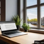 Home 21 PDF 변환 도구 활용법 - A modern home office scene showing a Dutch professional using a sleek laptop with an open PDF editor...