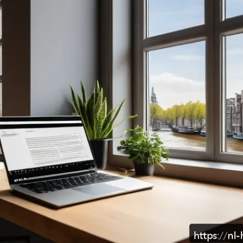 Home 33 PDF 변환 도구 활용법 - A modern home office scene showing a Dutch professional using a sleek laptop with an open PDF editor...
