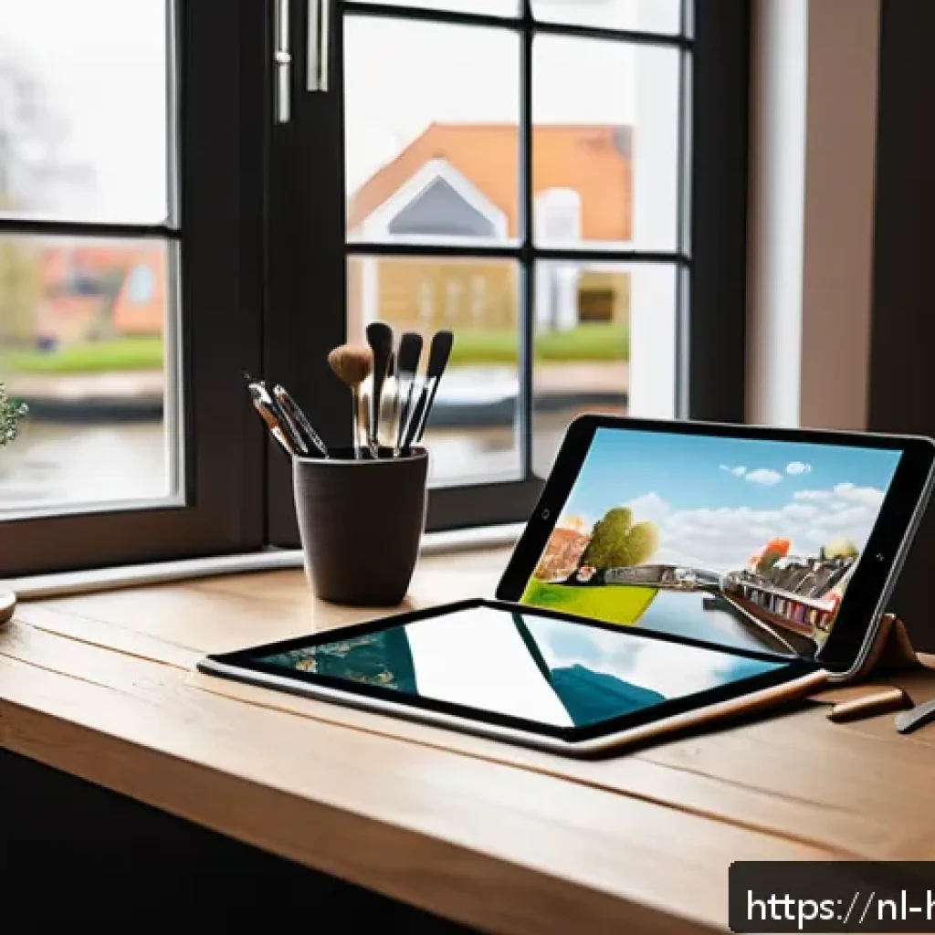 디지털 아트 소프트웨어 활용법 - A cozy digital artist's workspace in a modern Dutch home, featuring a sleek iPad on a wooden desk wi...