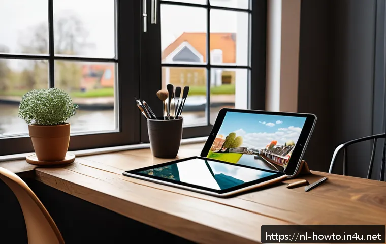 디지털 아트 소프트웨어 활용법 - A cozy digital artist's workspace in a modern Dutch home, featuring a sleek iPad on a wooden desk wi...