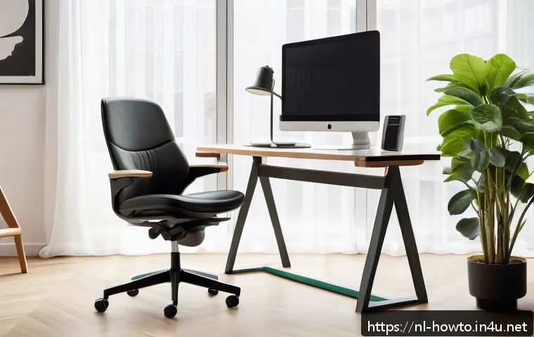 원격 근무 활용법 - A modern Dutch home office setup featuring an ergonomic adjustable office chair with lumbar support ...