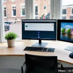 Home 23 다양한 앱을 한 번에 활용하기 - A modern Dutch home office setup showing a dual-monitor computer screen with Windows 11 split-screen...