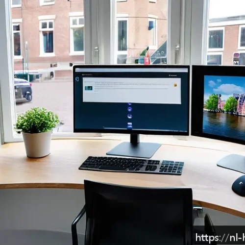 Home 17 다양한 앱을 한 번에 활용하기 - A modern Dutch home office setup showing a dual-monitor computer screen with Windows 11 split-screen...