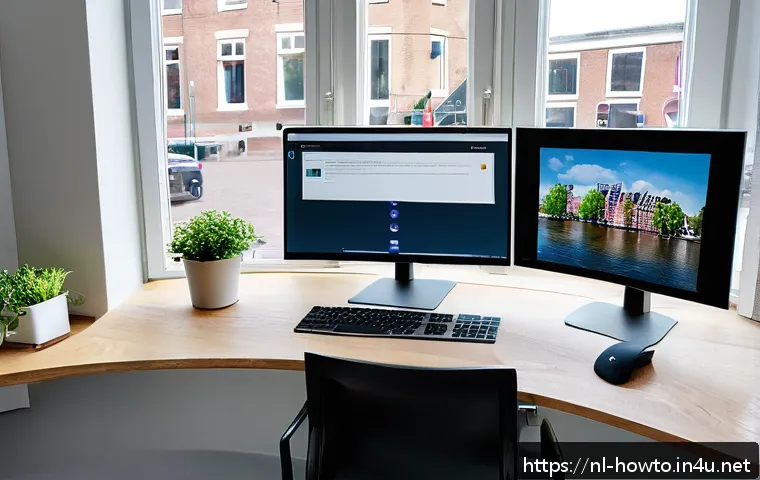 다양한 앱을 한 번에 활용하기 - A modern Dutch home office setup showing a dual-monitor computer screen with Windows 11 split-screen...
