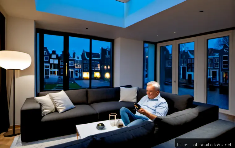 Home 17 스마트 조명 활용법 - Photorealistic modern Dutch living room at blue hour, a middle-aged couple relaxing on a sofa while ...